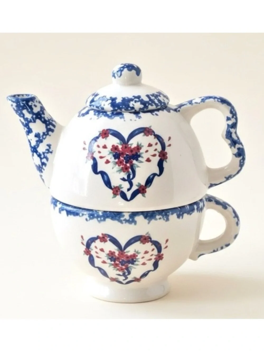 Nantucket Country Hearts Stacking Tea Pot & Cup 16oz Tea for One Vintage Ceramic